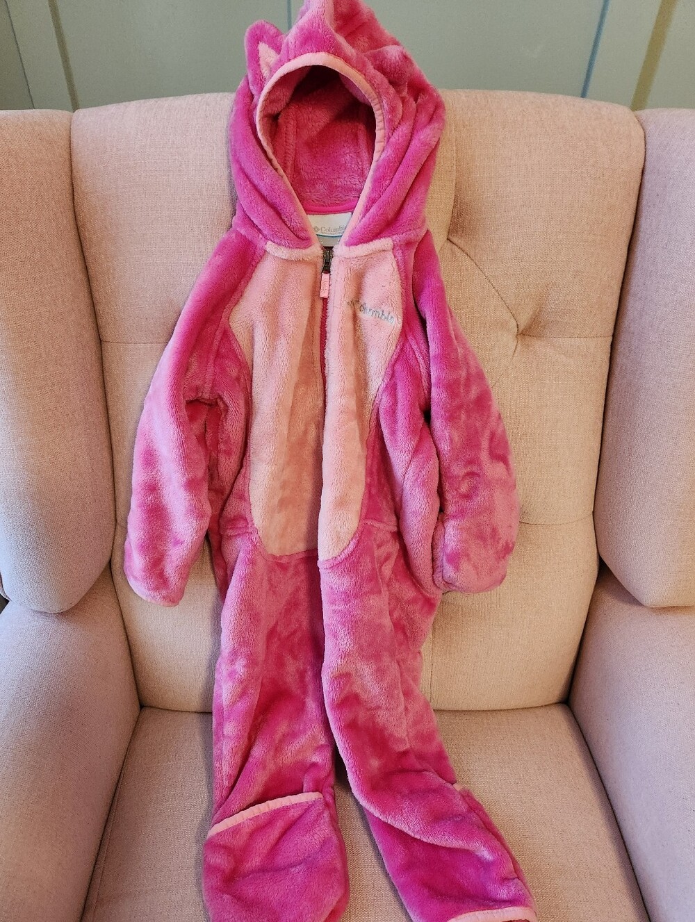Columbia Pink Plush Hooded One-Piece Cat Bunting Outerwear Romper 18-24 Coat